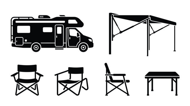 Recreational vehicle and camping equipment silhouettes on a white background