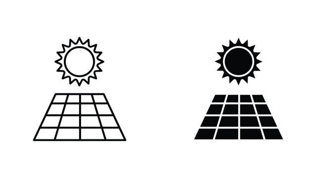 Solar energy panel and sun icon set in outline and solid black vector for renewable power design