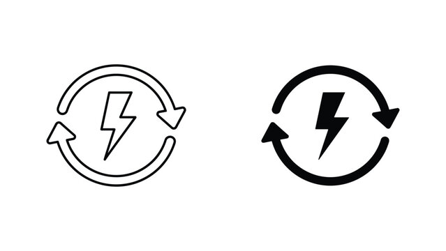 Renewable energy lightning bolt cycle icon set in outline and solid black vector for eco branding