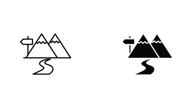 Mountain peaks with winding road and signpost vector icon set in minimalist black and white style