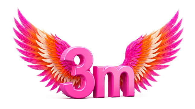 3D Pink 3m Text with Colorful Angel Wings Isolated on White Background