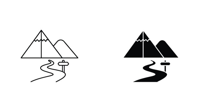 Minimalist mountain range and winding road vector graphic set with navigation signpost symbols