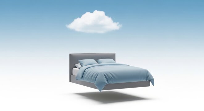 A comfortable bed with blue bedding floating in the air under a single white cloud against a blue sky background