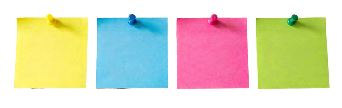 Four colorful sticky notes with pushpins on checkered background.