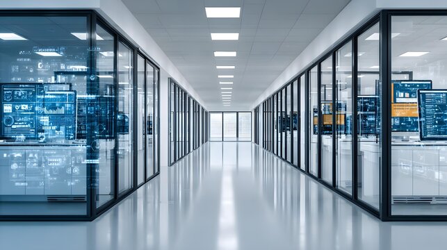 laboratory corridor lined with advanced quantum computers and flowing streams of luminous digital information