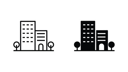 Modern city office buildings and trees vector icon set for urban planning and real estate design © Fatema