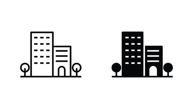 Modern city office buildings and trees vector icon set for urban planning and real estate design