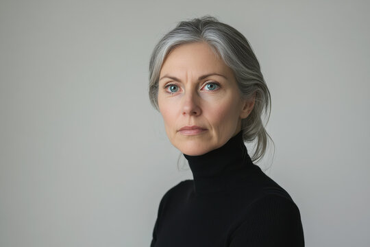 Portrait of a woman with gray hair and blue eyes on a neutral background