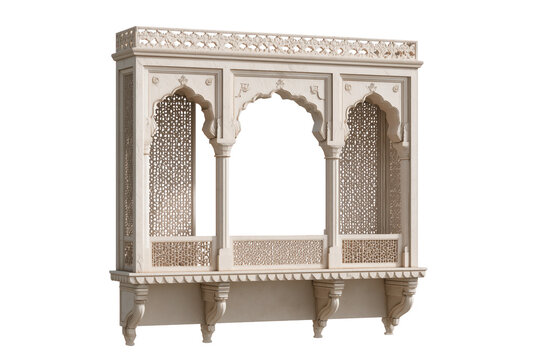 Elegant Mughal-style white marble jharokha with intricate latticework and arches for interior decor