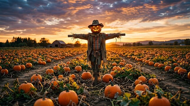 A spooky scarecrow with a glowing jack o lantern head standing in a pumpkin patch at sunset