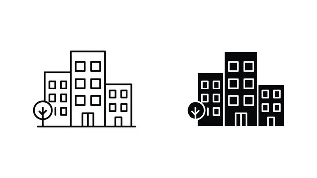 City building complex with trees vector icon set for urban development and landscape design