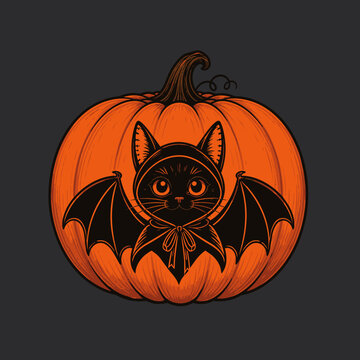 Halloween pumpkin design with cat in a bat costume, vector illustration 
