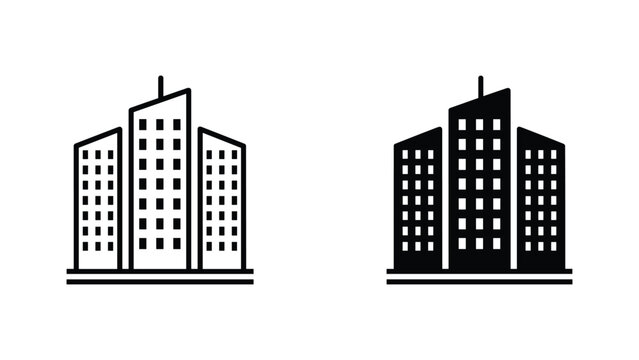 Modern city office tower icon set with flat roof in outline and solid vector graphic styles