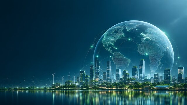 Smart sustainable city with connected digital globe, global business network and clean energy infrastructure