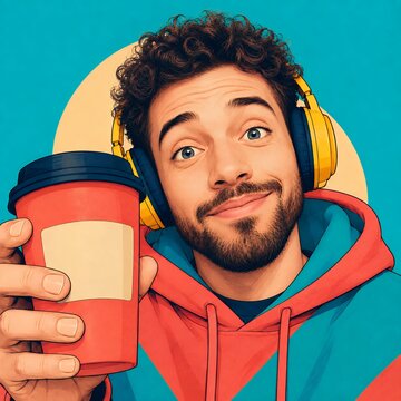 Man wearing headphones holding takeaway coffee, podcast listening and casual lifestyle concept