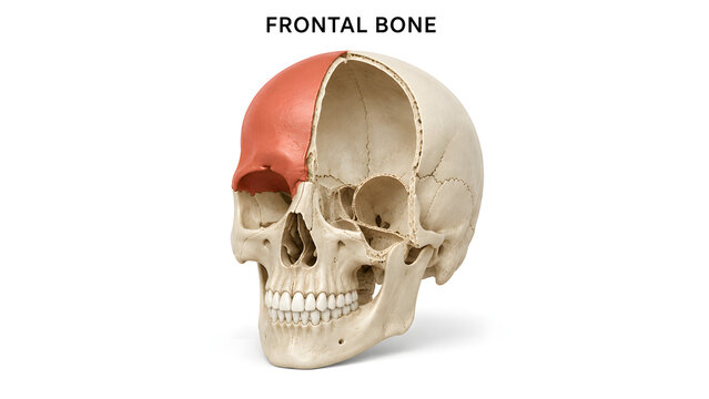 A human skull model is displayed against a white background. The frontal bone is highlighted in red. The skull shows the eye sockets, nasal cavity, and upper teeth.
