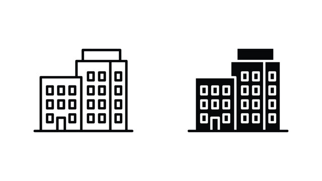 Multi-story building icon set featuring block style architecture in outline and solid vector