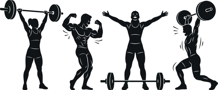 Fitness and Weightlifting Silhouette Icon Set, Bodybuilder and Athlete Gym Workout Vector Illustration Collection.