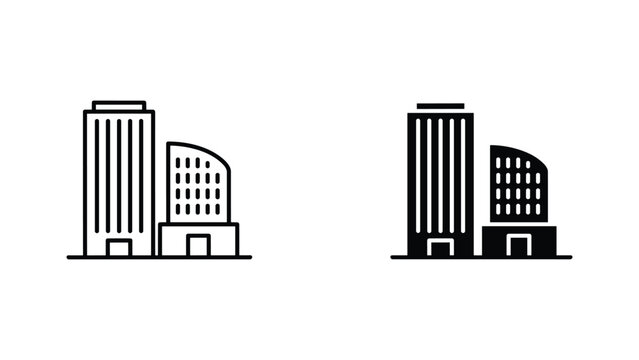 Business headquarters icon set featuring tall towers in outline and solid vector style design