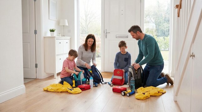 Happy Caucasian family with two young sons, parents helping children pack school bags, bright modern home hallway, morning routine, education preparation