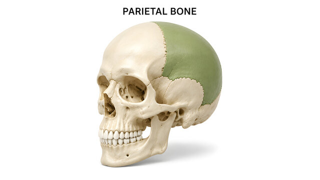 The parietal bone is highlighted in green, while the rest of the skull is in natural bone color. The skull is positioned in the foreground with a shadow cast behind it.