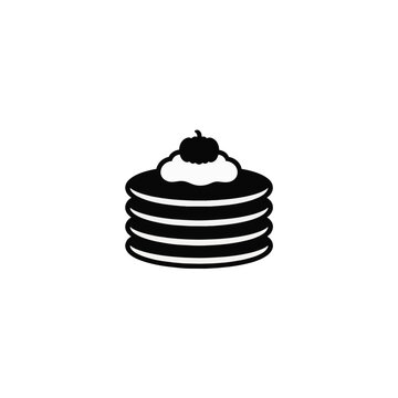 Stack of pancakes with whipped cream and cherry, flat icon