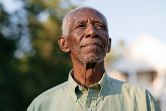 Elderly man outdoor portrait looking into sunlight with calm expression for background focused on senior wellness and dignity