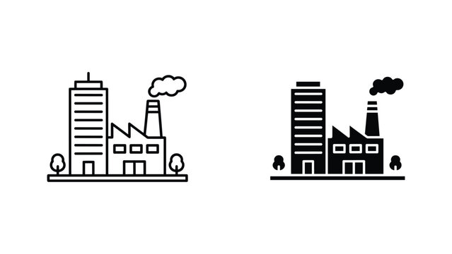 Industrial factory building icon set with smoking chimney and cityscape skyline for urban planning