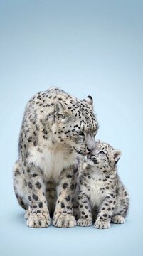 Adult snow leopard and young cub, affectionate interaction, light blue background, spotted fur, wild cats, maternal bond, studio portrait