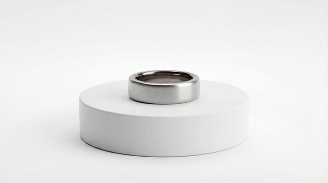 Metal ring displayed on white circular podium against clean minimal background presenting modern product design industrial material precision simplicity luxury accessory mockup concept