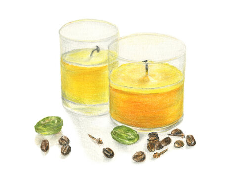 Hand drawn illustration of yellow scented candles with coffee beans, cloves, and candies. Warm and cozy colored pencils drawing for autumn and winter seasons; for cards, stickers, books, scrapbooking