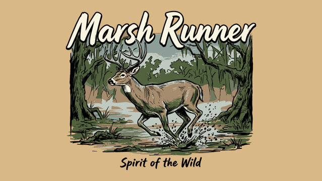 Retro whitetail buck deer jumping in marsh swamp water splash wildlife hunting illustration for t-shirt design print and apparel