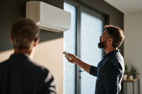 Man adjusting wall mounted air conditioner with remote control during home inspection or installation for hvac service background