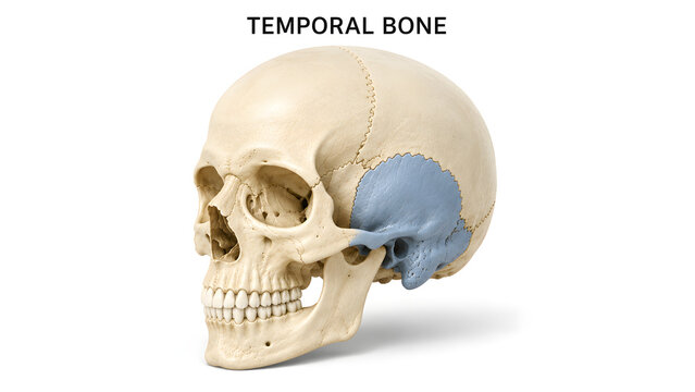 The temporal bone is highlighted in blue, while the rest of the skull remains in its natural beige color. The skull is positioned in the foreground, with a clean, minimalist setting.