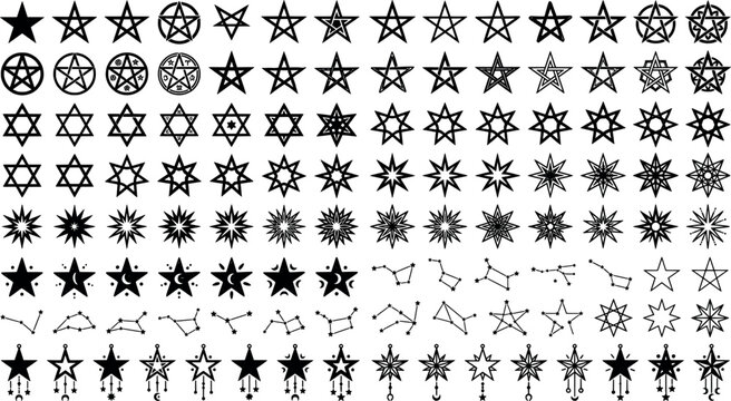 Collection of various star shapes, pentagrams, constellations, and celestial symbols, vector illustration