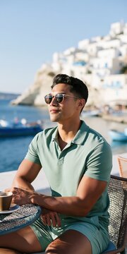 Smiling man in mint polo enjoying coffee at seaside terrace with white cliff village and boats for vacation lifestyle and relaxation background