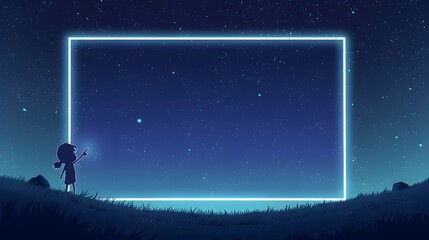 Fototapeta premium Child standing beside glowing rectangular frame under starry night sky.
