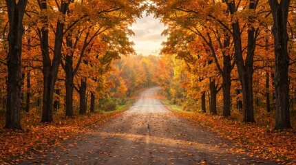 Fototapeta premium Peaceful forest path surrounded by vibrant orange autumn trees