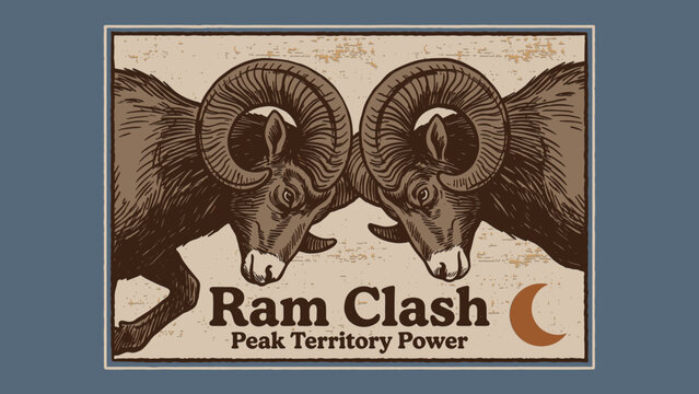 Vintage hand-drawn two rams fighting illustration with mountain goat head clashing in retro badge style for t-shirt design print, apparel, and merchandise graphics