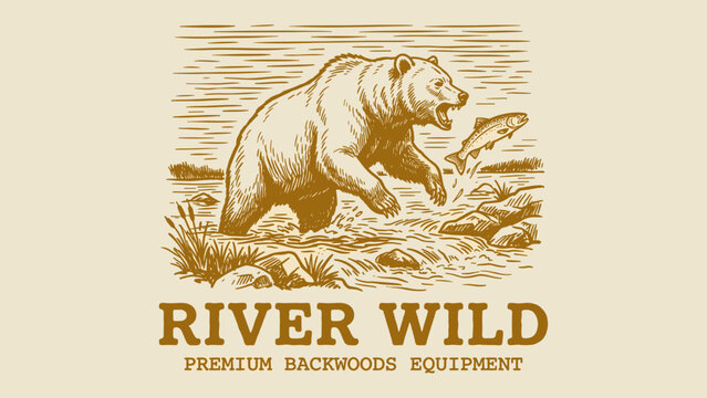 Vintage retro grizzly bear fishing in river salmon woodcut illustration for outdoor adventure t-shirt design print and apparel merchandise