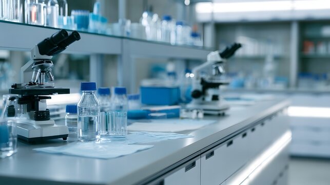 Modern laboratory bench with microscopes  glass bottles  and test tubes arranged on a clean white surface under bright lighting