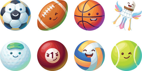 Naklejka premium Cute kawaii sports balls cartoon sticker set featuring smiling faces on soccer basketball tennis and volleyball characters vector