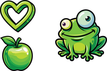 Fototapeta premium Cute green cartoon sticker set featuring a googly eyed funny frog glossy apple and outline 3D heart vector