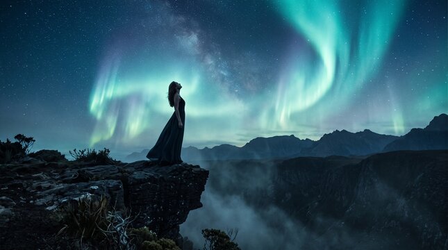 A woman in a long dress stands on a cliff overlooking a vast landscape under a spectacular aurora borealis night sky.