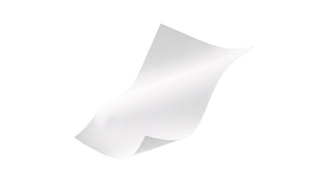 White blank paper flying or falling on transparent background.