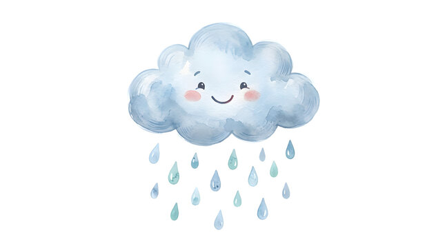 Smiling watercolor cloud with blue raindrops.
