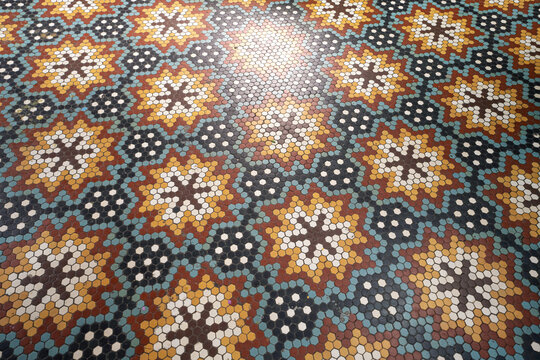 Old mosaic floor texture inside historic church, ancient religious architecture and decorative art concept
