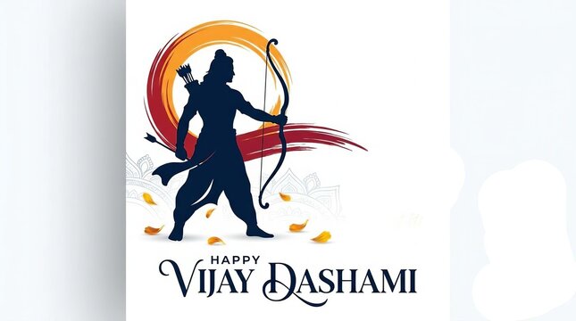 Happy Vijay Dashami greeting featuring Lord Rama silhouette with bow and arrow against a vibrant sunset background