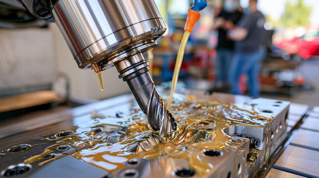 Close-up inside a modern CNC milling center machining a detailed industrial mold, rotating end mill cutting smooth contours into solid steel, streams of coolant and reflective metal surfaces, precis