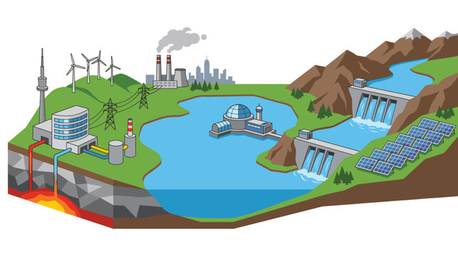 Renewable energy sources landscape featuring solar panels hydro dam and wind turbines set.